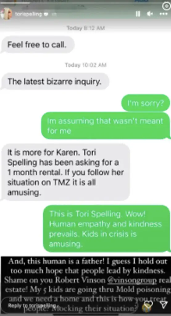 Tori Spelling Shares Text From Her Realtor ‘Mocking’ Her Family’s Housing ‘Crisis’